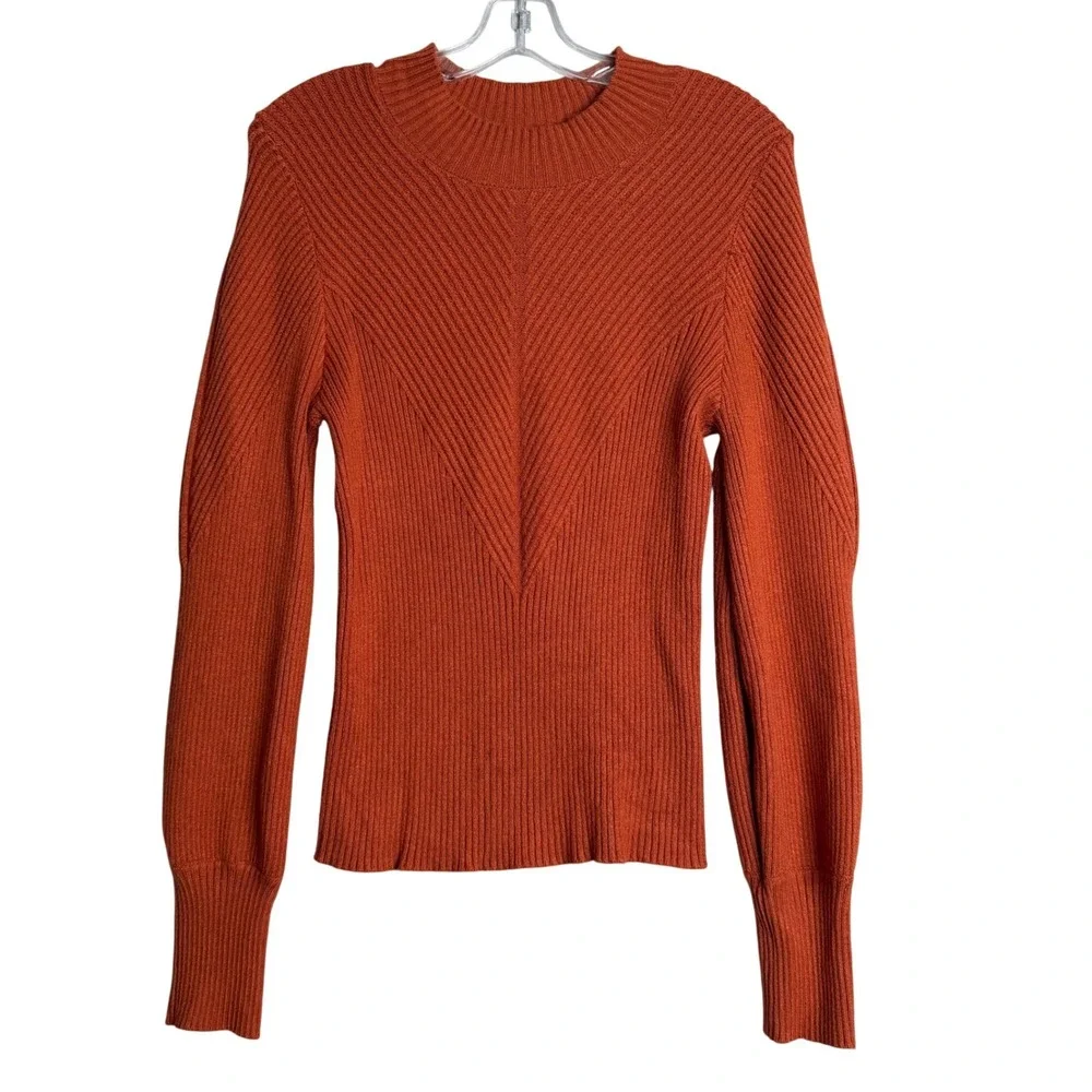 Vici Archie Ribbed Sweater Womens L‎ Burnt Orange Puff Sleeve Fitted Knit
